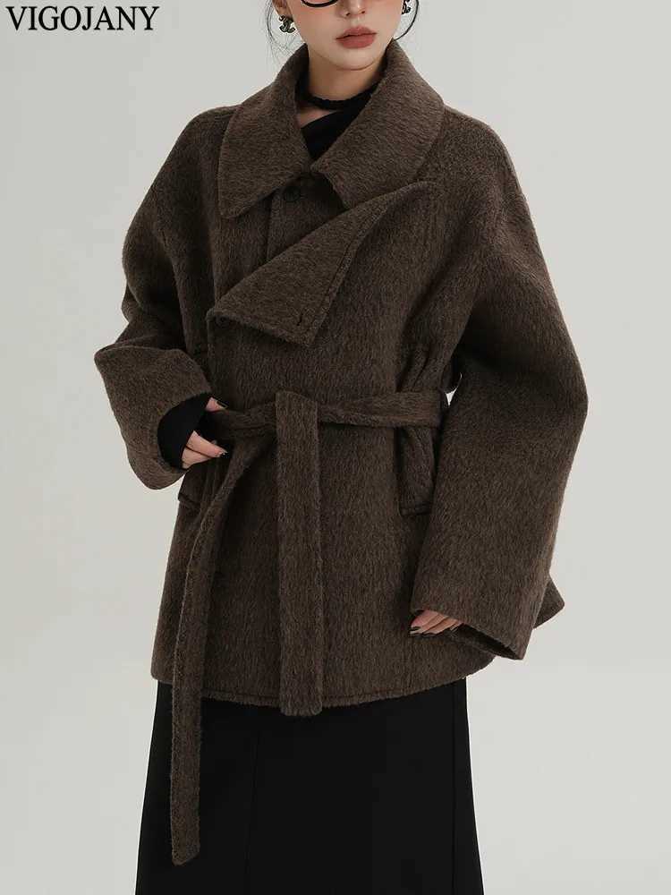 2025 Women Brown Nature 100 Wool Coat Elegant Long Sleeve Loose Cashmere Jacket Winter Lady Casual Turndown Collar Woolen CoatT251224