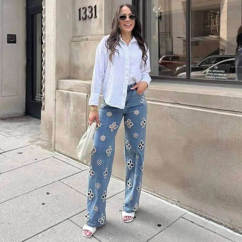 Pearl Flower Herringbone Denim Trousers Blue Straight Leg Women's Jeans For Women Fashion Summer Woman Pants 2025 X251224