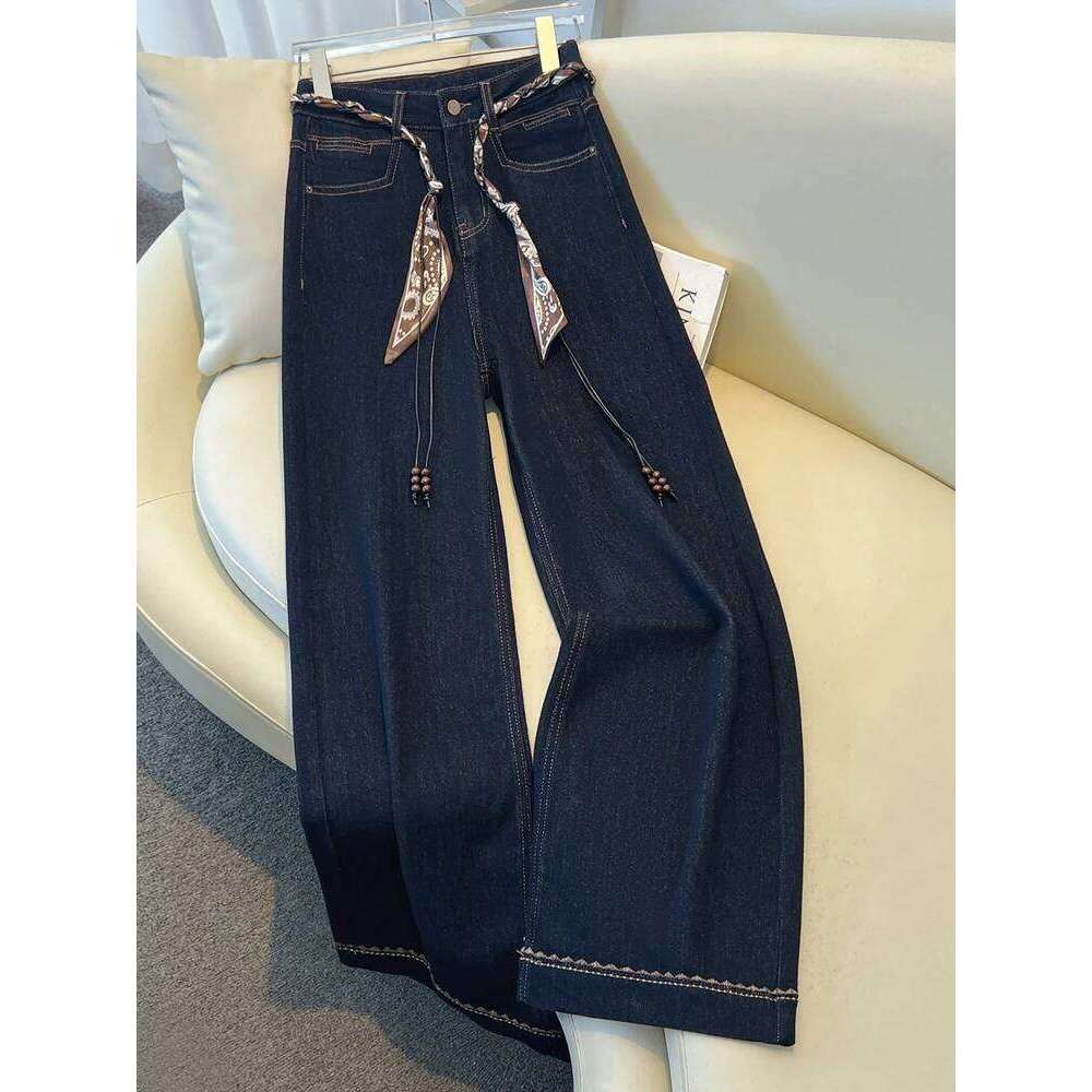 2025 Autumn New Denim Blue Wide Leg Women's Jeans Super Popular Pants with Silk Scarf Belt Fashion Straight Trousers X251224