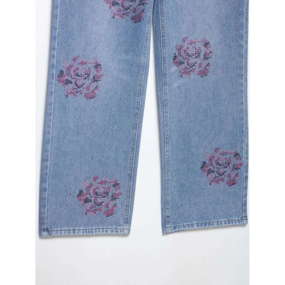 2025 new summer women's clothing casual simple fashion versatile comfortable rhinestones mid-waist loose jeans X251224