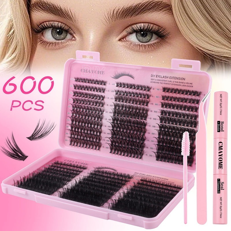 600Pcs DIY Eyelash Extensions Thick Fluffy Cluster Lashes Kit with Lash Bond & Seal DIY Individual Eyelashes Soft Lightweight D Curled Grafted La