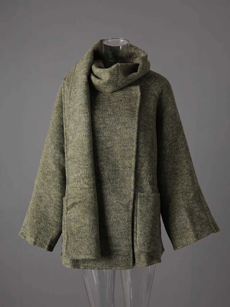 DEAT Fashion Green Scarf Double Side Woolen Coat Womens Loose Covered Button Long Sleeves Blends Coats Autumn NewT251224