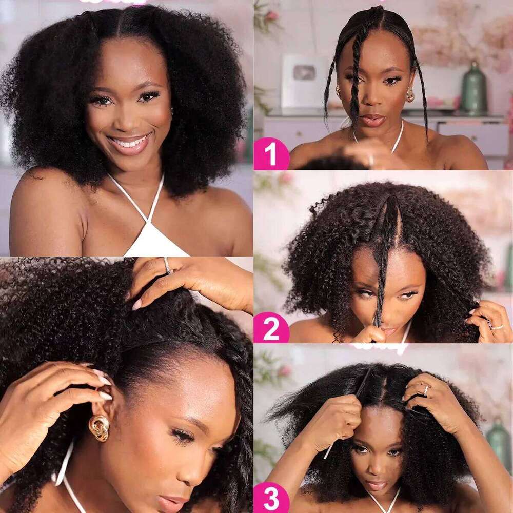 300% Kinky Part Leave Out Upgrade Deep Wave Curly V Shape No Glue Half Wig Human Hair For Women