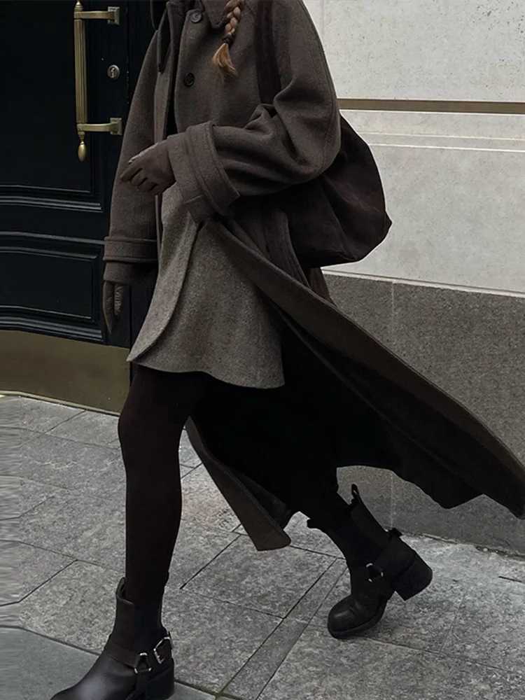 Elegant Lace Up Woolen Coats Women Solid Full Sleeve Single Breasted Turn-down Collar Long Coat Female 2026 Spring Lady OutwearT251224