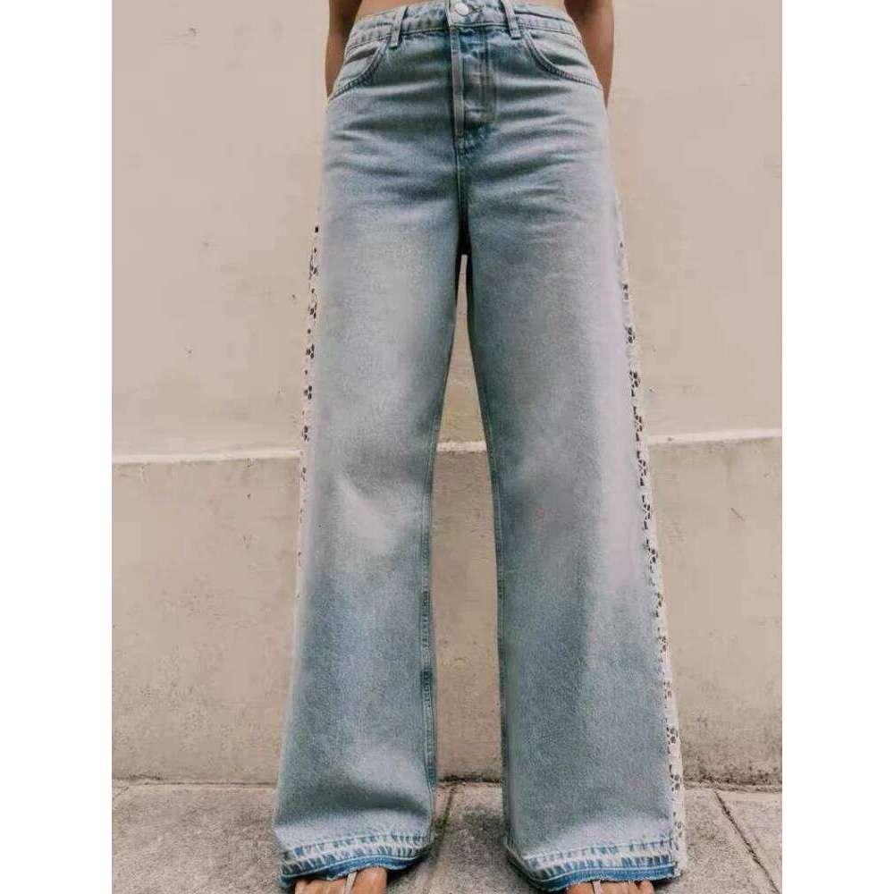 2025 Ropa Y2K Fashion Hollow Lace Patchwork Vintage Blue Baggy Jeans Pants For Women Clothing Korean Casual Lady Denim Trousers X251224