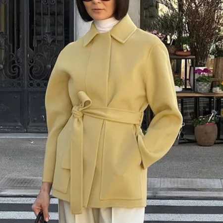 Lace Up Autumn Womens Woolen Jacket Yellow Turn Down Collar Pockets Long Sleeve Outwear For Female Elegant Sweet Ladys CoatT251224