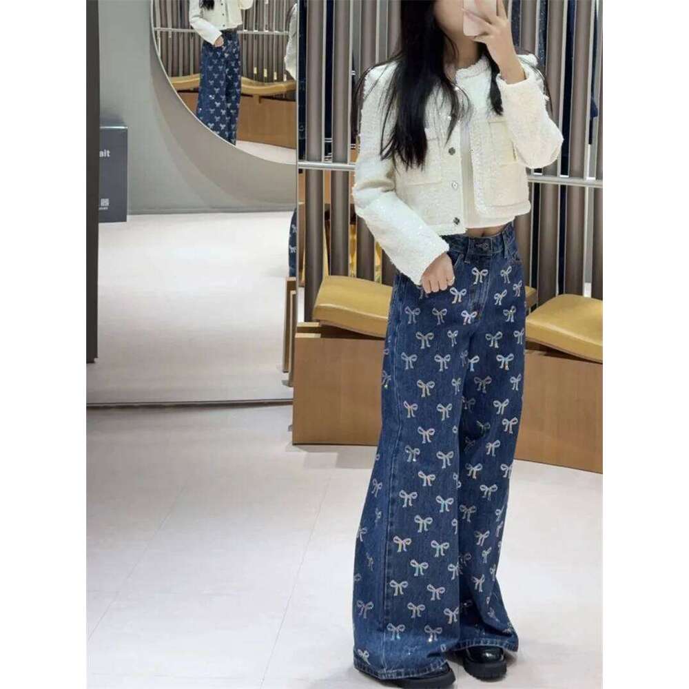 Women's Bow Hot Diamond Jeans Zipper Fly Vintage 2025 Early Autumn Lady Denim Wide Leg Long Pants X251224