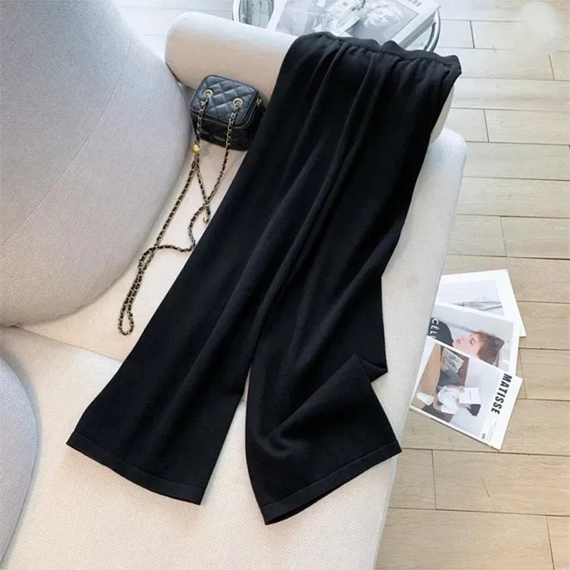 Women's Tracksuits Vintage Fall Winter Knitted 2 Piece Set Female Elegant V Neck Patchwork Sweater Top&Wide Leg Pants Suits Women Casual