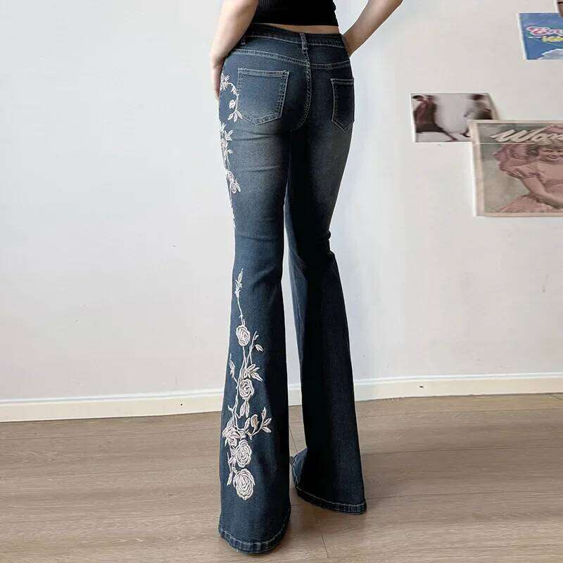 Women Retro Y2k Baggy Floral Embroidery Jeans Vintage 2000s Low Rise Flared Denim Pants High Street Basic Trousers X251224