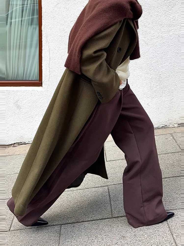 Fashion Green Long Woolen Coats Women Loose Lapel Double Breasted Full Sleeve Overcoats 2025 Autumn Winter Lady Commute OutwearT251224