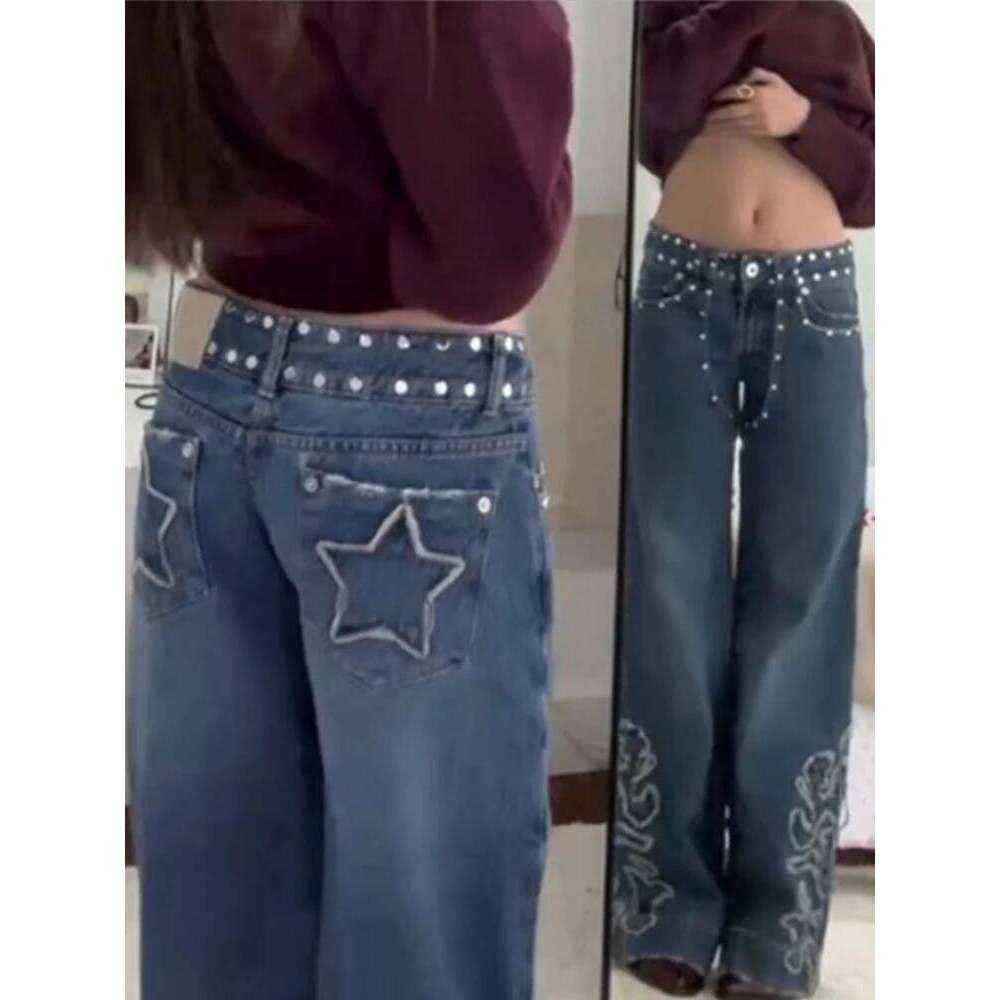 Y2k Chic Denim Pants Women Patchwork Star Metal Rivet Jeans Baggy Dragging Hip High Street Casual Daily Trousers X251224