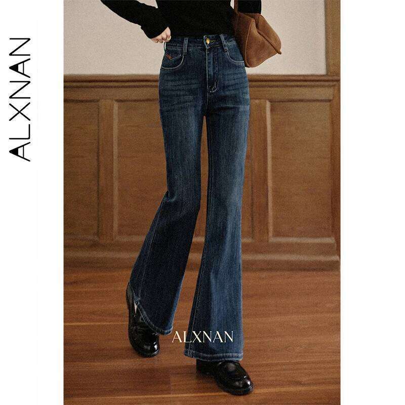 ALXNAN Vintage Blue Flared Women's High-waist Slim-fit Cotton Denim Jeans 2025 Autumn Winter Casual Female Pants L57012 X251224
