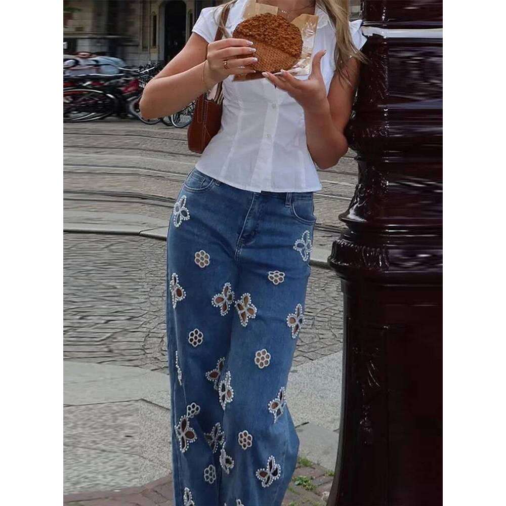 Pearl Flower Herringbone Denim Trousers Blue Straight Leg Women's Jeans For Women Fashion Summer Woman Pants 2025 X251224