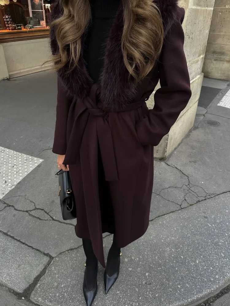Women Elegant Fur Collar Woolen Overcoat Chic V-neck Full Sleeve Lace Up Loose Long Coats Lady Daily Commute Street OuterwearT251224