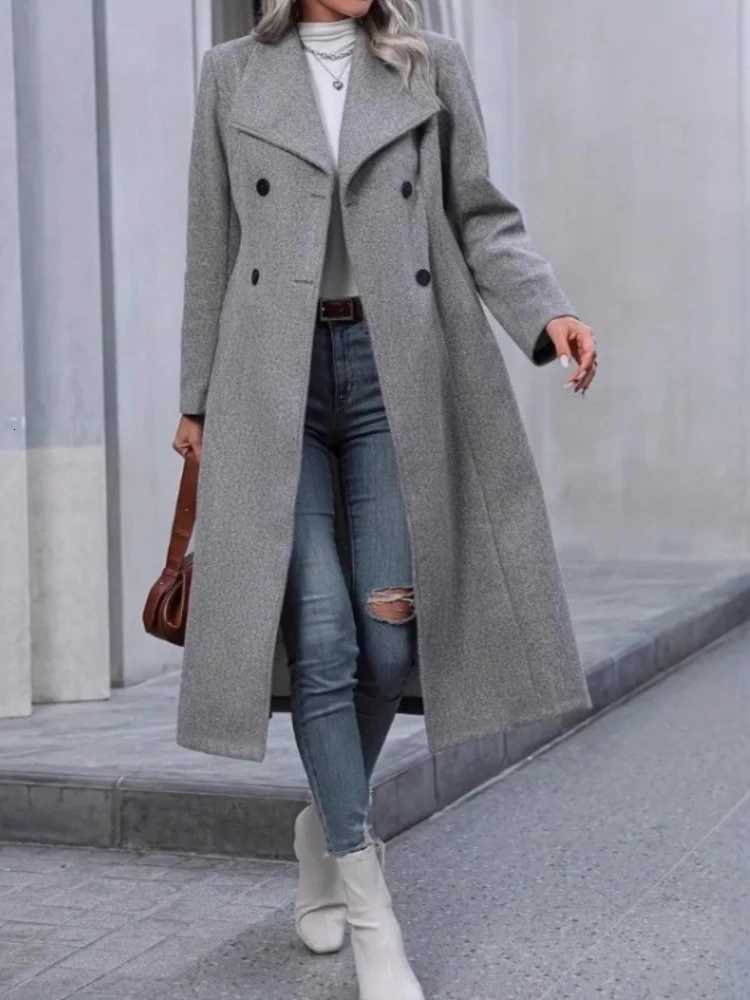 Chic Elegant Women Solid Color Grey Long Sleeve Pockets Double Breasted Fake Woolen Coat Woman Winter Warm Long OutwearT251224