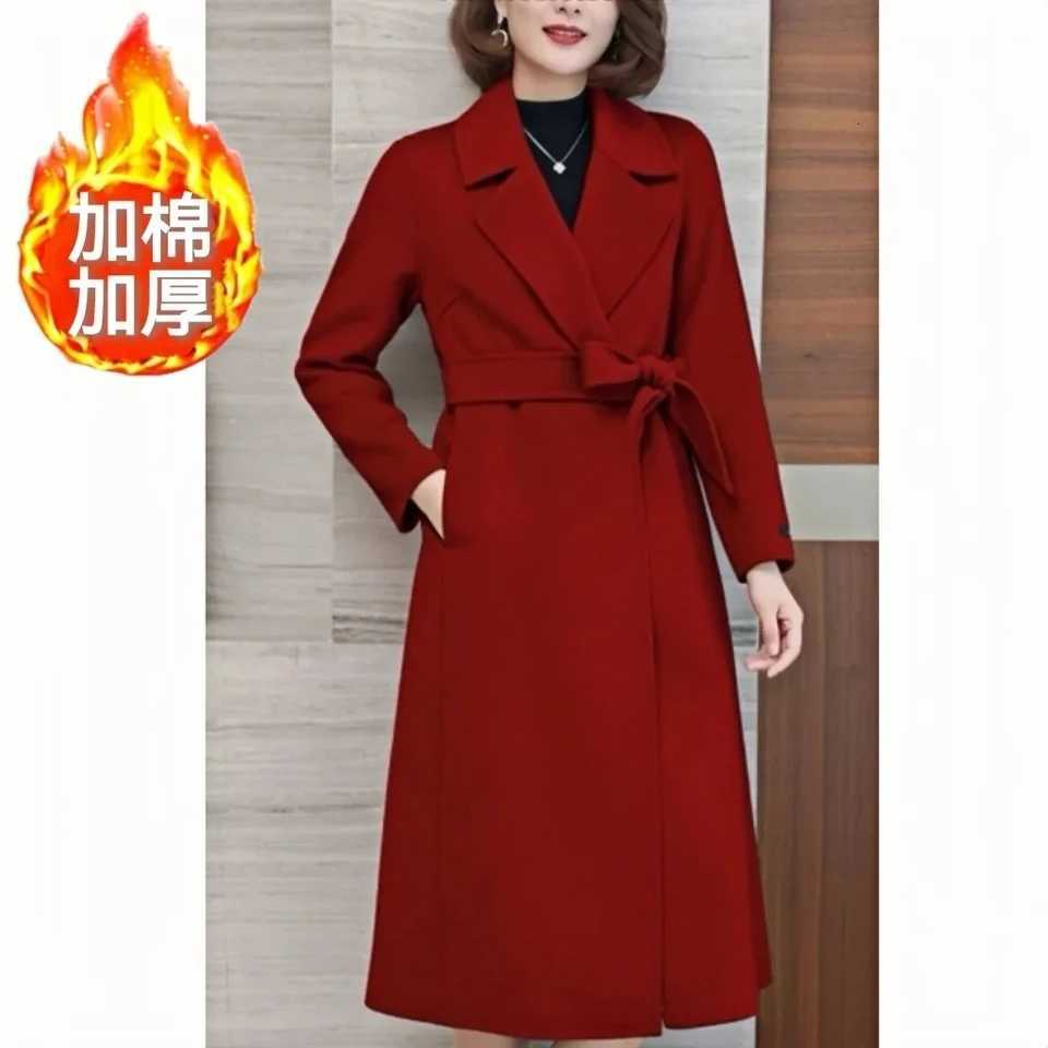 Fashion Autumn Winter New High-end Woolen Coat For women Medium long style Suit collar Slim Thicken Wool Coats With beltT251224