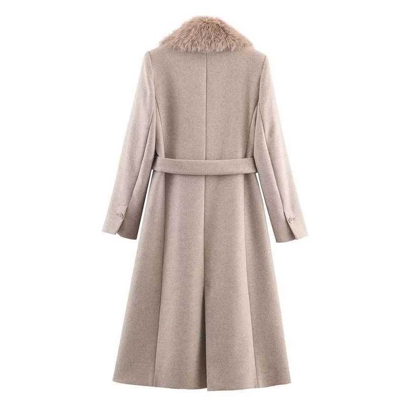 Womens Coat 2025 Autumn New Arrivals Khaki Long-Sleeve Belted Faux Fur Collar Coat Casual FashionT251224