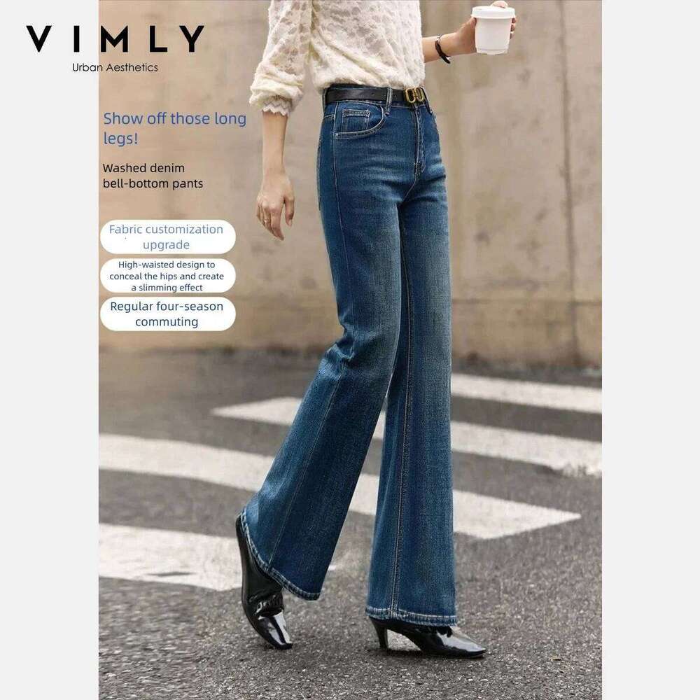 VIMLY Women's Denim Pants 2025 Winter Retro Washed Waist Cinching Slim Flared Jeans Elegant Button Pocket Women Bottoms 75219 X251224