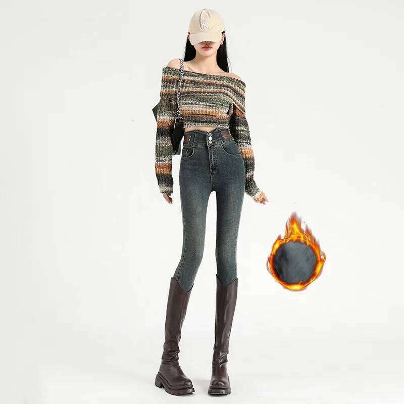 High Waist New Women's Fleece Jeans Winter Warm Thermal Slim Blue Black Fashionable Casual Velvet Elastic Pencil Denim Trousers X251224