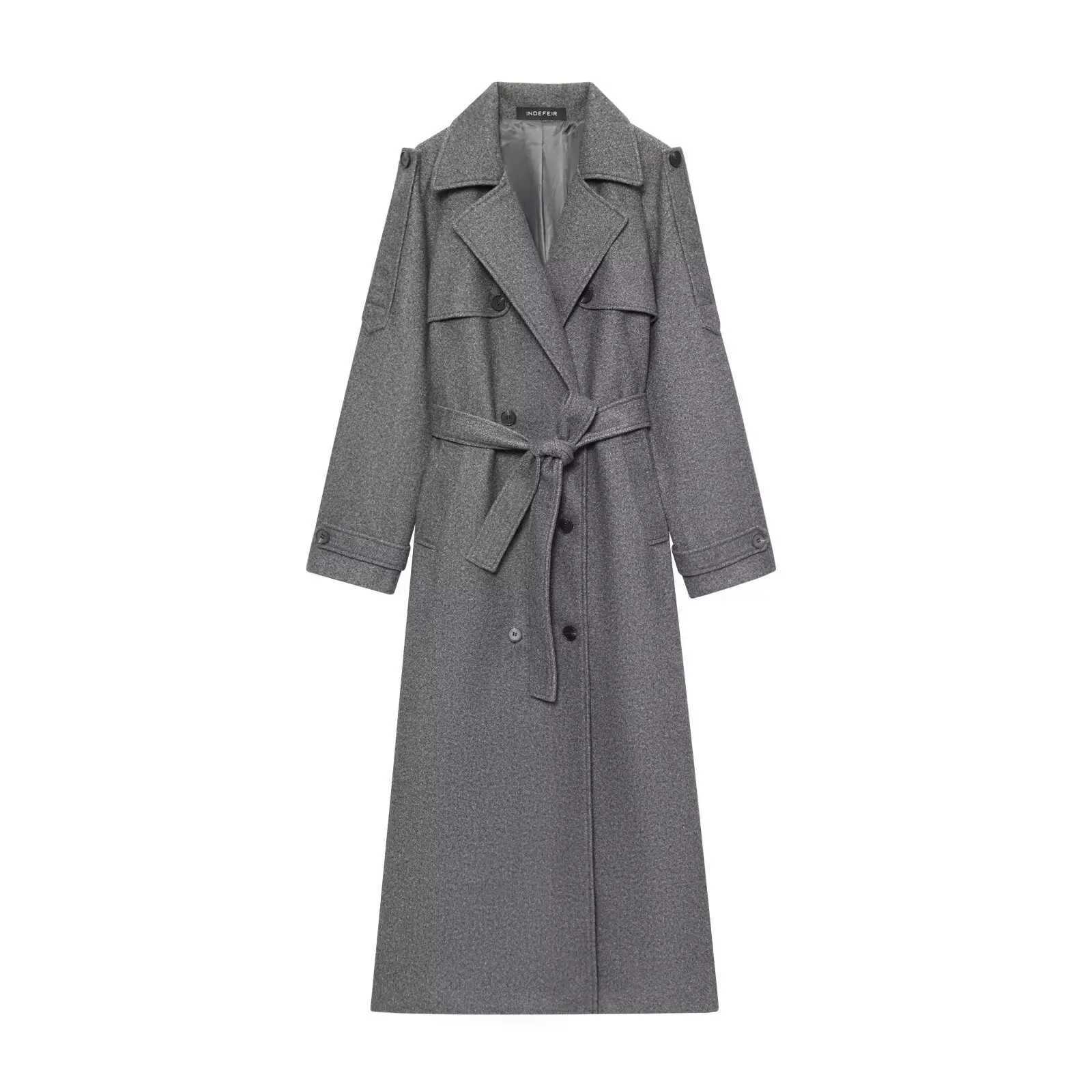 Double-breasted Long Woolen Coats Womens Elegant Lapel Pocket Blends Overcoat With Belt Winter New Female Casual StreetwearT251224