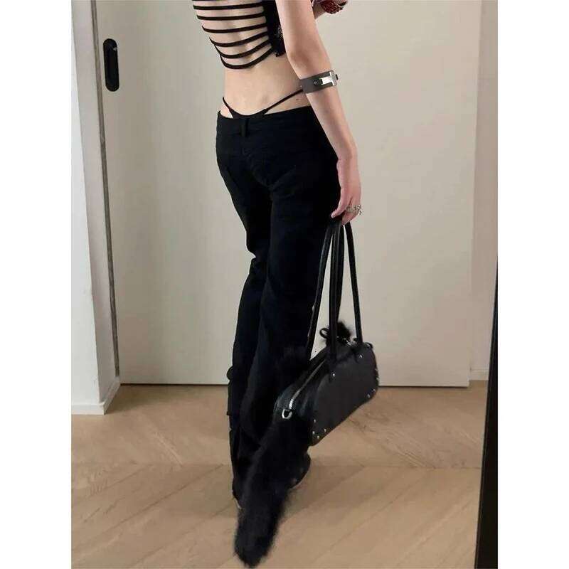 Women Vintage Black Low Rise Flared Jeans Denim Pants American Retro Rivet Slim 90s Bell Bottom Y2k Harajuku Kpop Trousers X251224
