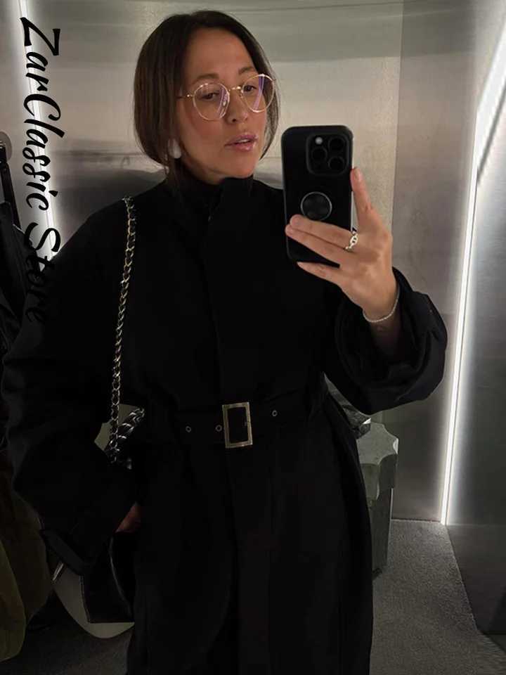 Elegant Stand Collar Belt Mid Woolen Women Coats Warm Single Breasted Full Sleeve Solid Quilted Jackets 2025 Thicken OutwearsT251224