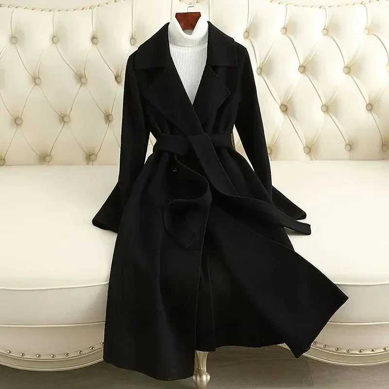2025 Autumn Winter Fashion Cashmere Woolen Women Jacket Long Coat Streetwear Leisure Elegant Solid Female OuterwearT251224