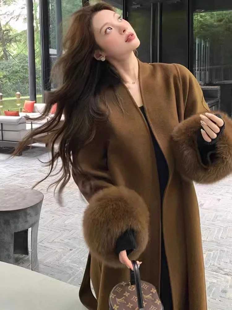 DFDG Caramel Brown Temperament Fashionable 2024 Autumn And Winter New Mid To Long Woolen Coat Jacket For WomenT251224