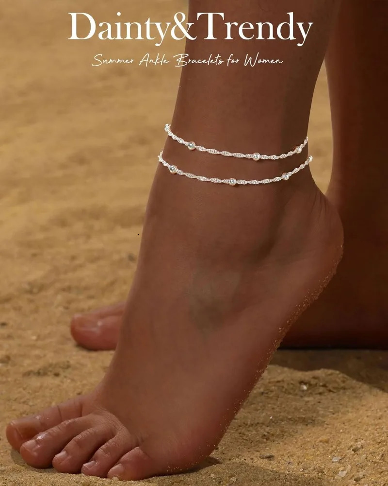 Waterproof Gold Silver Ankle Bracelets for Women 14K Gold Plated Stainless Steel Double Layered Twist Beaded Anklets for Girls 251219