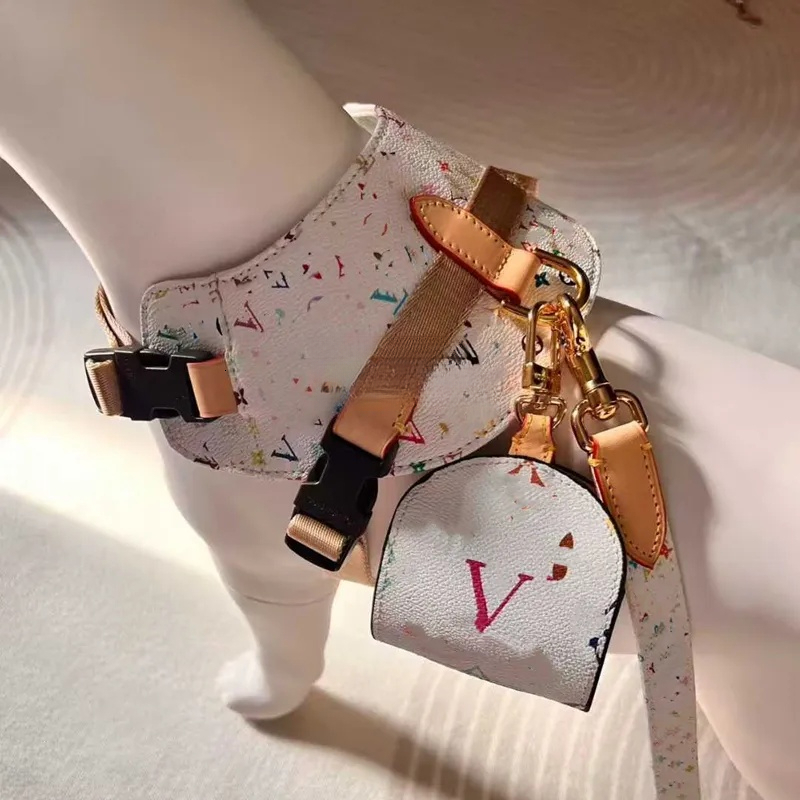 2026 New Designer Leash And Luxury Leather Bags Holder Classic Letter Pattern Dog Vest Harness For French Bulldog, Corgi, Cavalier King Charles Spaniel B267 Fre