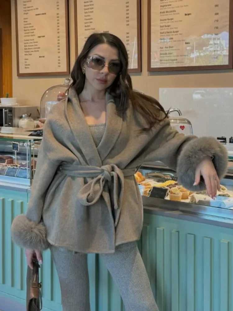 Grey Lace Up Faux Fur Sleeve Jacket Luxury Womens Mid-length V-neck Woolen Blend Coat Autumn Casual Fashion Scarf Outwear 2025T251224