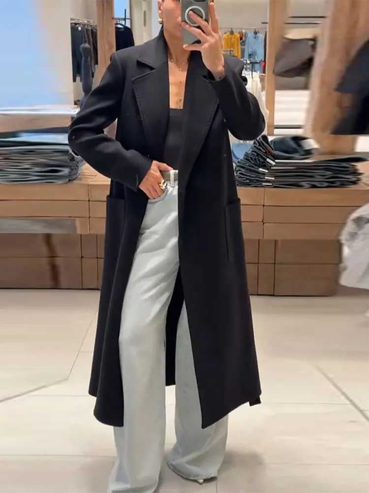 2025 Autumn Winter Womens Lapel Long Coat with Belt Elegant Lace Up Pockets Female Solid Jackets Fashion Lady Outerwear StreetT251224