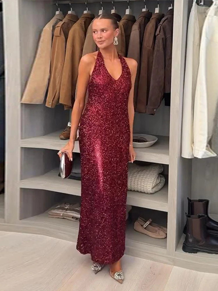 Sleeveless Sequin V-Neck Maxi - Backless Slim Fit Glitter Evening Party Dress for Women C260312