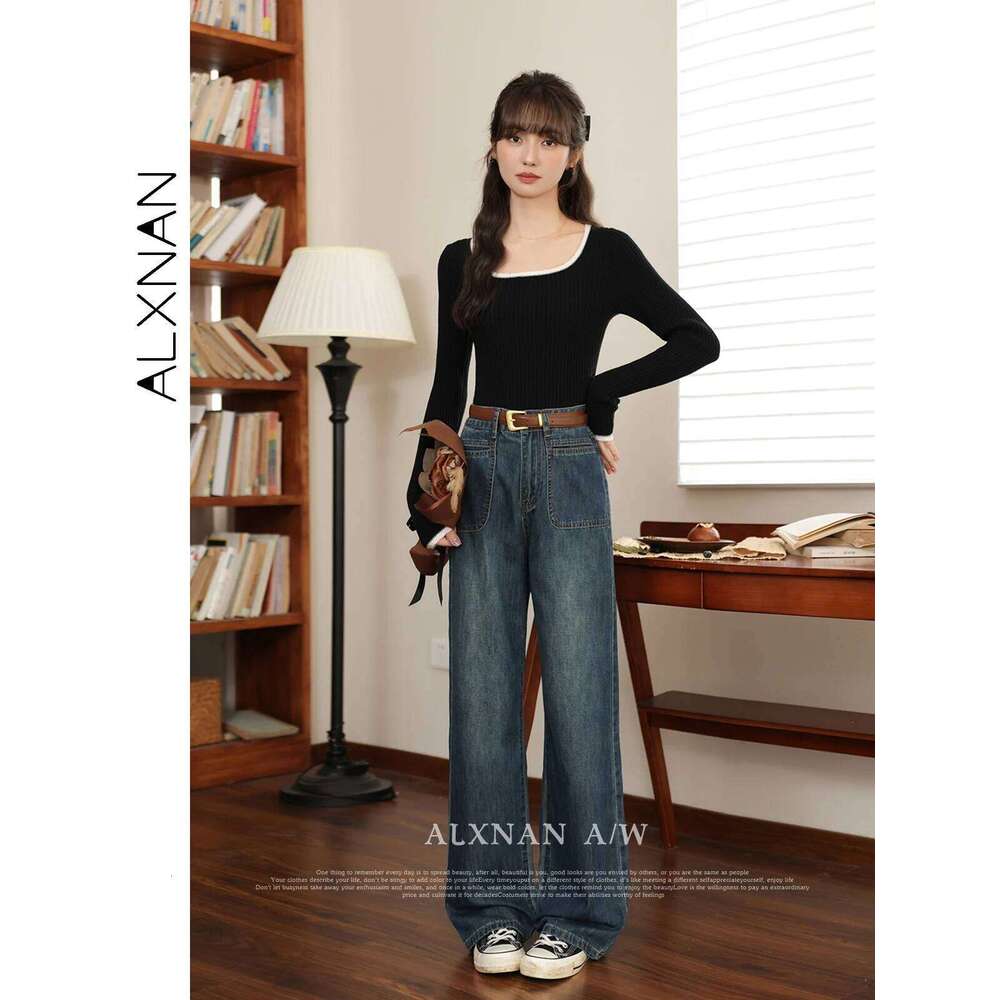 AlXNAN Women's Vintage Denim Blue High Waist Baggy Jeans 2025 Spring New Casual Loose Wide Leg Long Pants Ladies LXN320106 X251224