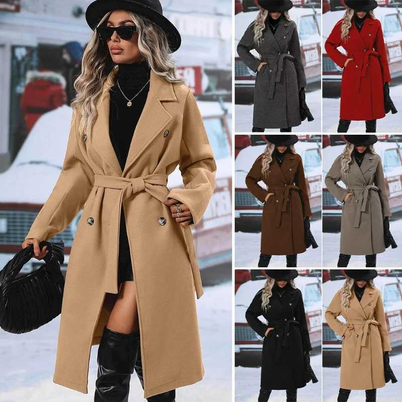 Women Turn Down Collar Thick Midi Length Wool Coat Pockets Casual Full Sleeve Double Breasted Blends Coats 2025 Autumn WinterT251224