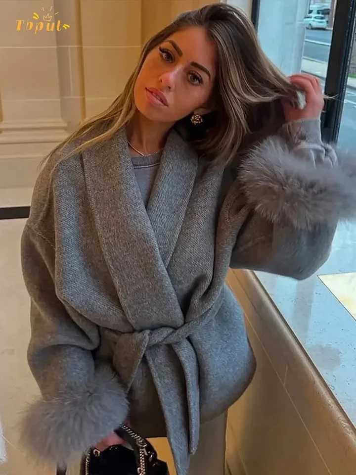 Grey Lace Up Faux Fur Sleeve Jacket Luxury Womens Mid-length V-neck Woolen Blend Coat Autumn Casual Fashion Scarf Outwear 2025T251224
