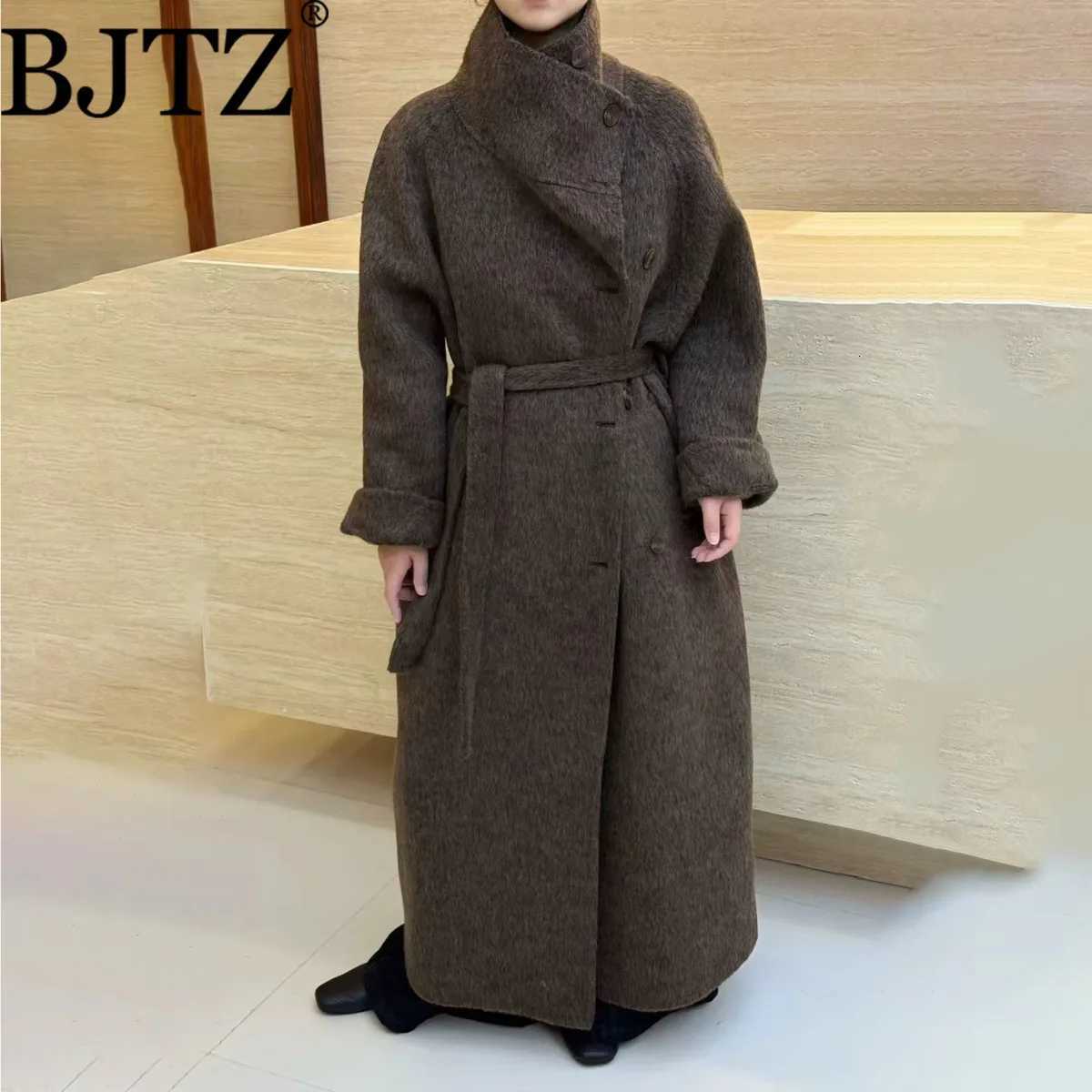 BJTZ Lace-up Tie-waist Single Breasted Long Woolen Coat For Woman 2025 Winter New Loose Versatile Office Lady Temperament JacketT251224