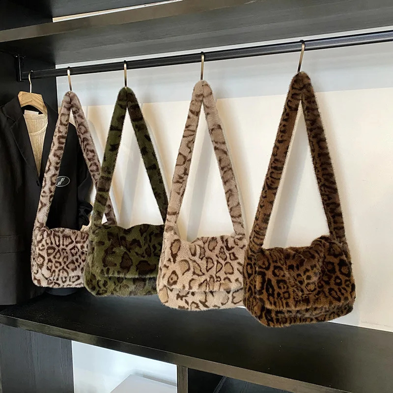 Leopard Print Womens Plush Shoulder Bags Faux Fur Cover Crossbody Bag Winter Large Capacity Female Furry Tote Messenger 251216