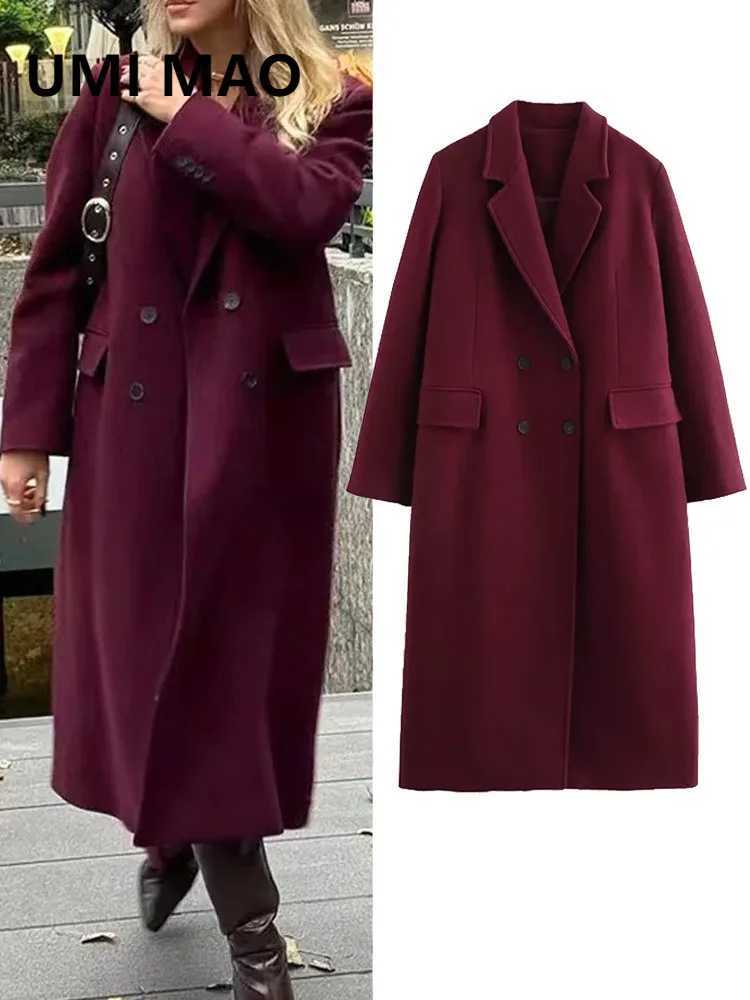 UMI MAO Women Fashion Burgundy Woolen Coat Double Breasted Long Sleeve Lapel Blends Jacket Autumn Winter High Street OuterwearT251224