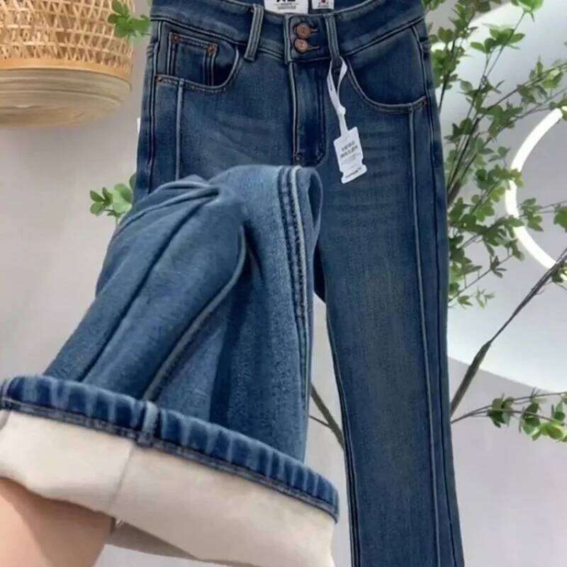 Women's Winter 2025 New Style Flared Pants Retro Blue Thickened Fleece Lined High Waist Jeans for Petites X251224