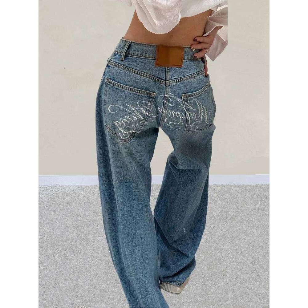 2025 Ropa Y2K Style Letter Hot Fix Rhinestone Baggy Stacked Jeans Pants For Women Clothing Luxury Wide Leg Lady Denim Trousers X251224