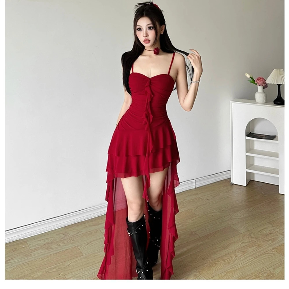 SylCue Ruched Ruffles Mini Dress Women Sexy Backless Off Sleeve Mesh Patchwork Asymmetry Hem Midnight Club Party Elegant Outfits 251223 C260311