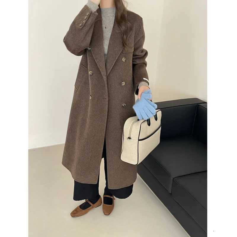 EAEOVNI Winter Wool Warm Long Coat Women Fashion Solid Color Double Button Belt Office Lady Jacket 2025 New ClothingT251224