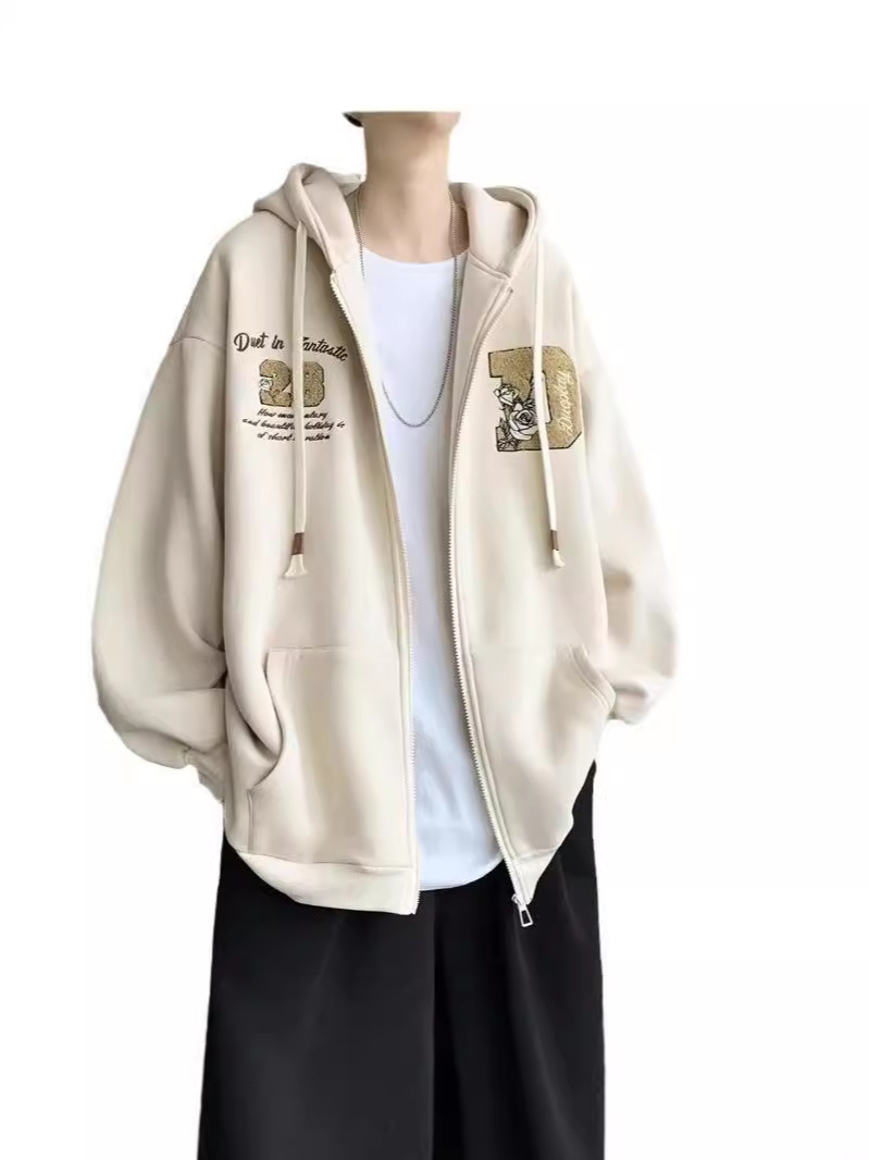 Apricot Letter Embroidered Fleece Hoodie for Men, Retro American Style, Trendy Couples' Outerwear for Spring & Autumn