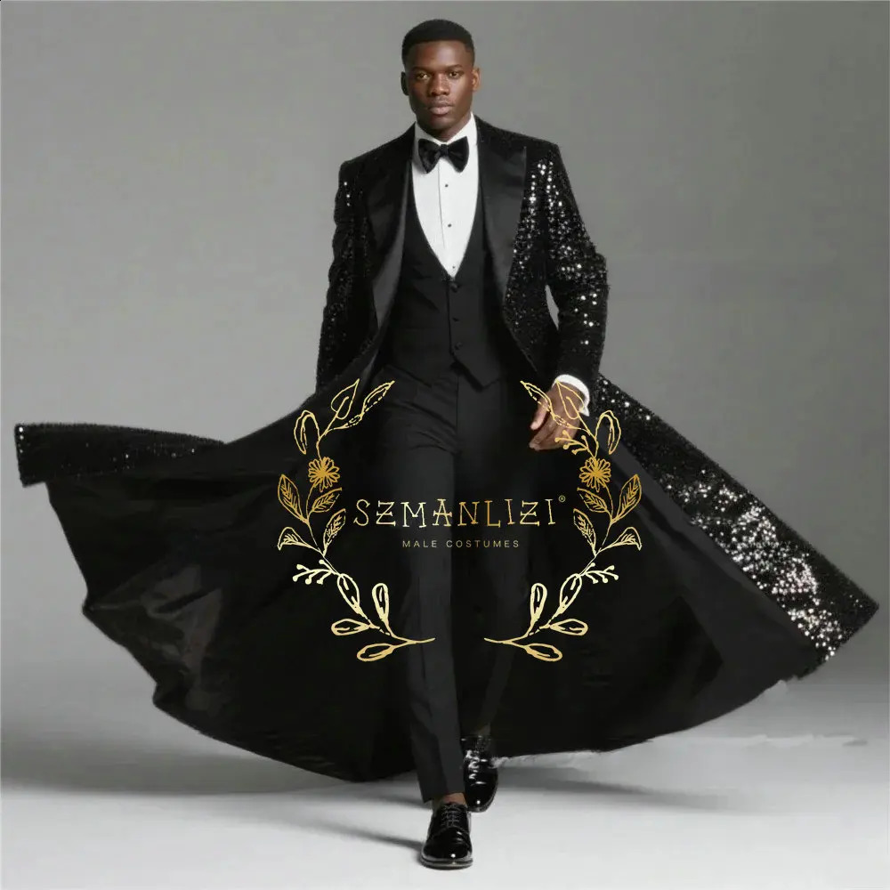Burgundy Shiny Sequin Suits Men 3 Pieces Sets Single Breasted Groom Long Blazer Costume Homme Wedding Tuxedo Male Clothing 251223