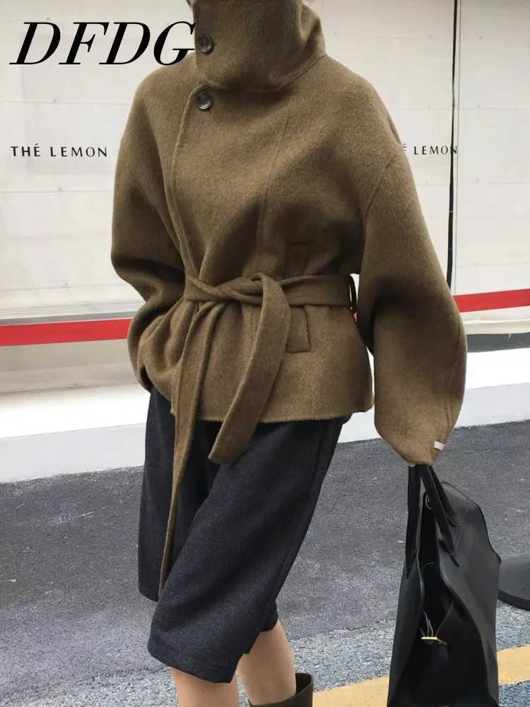 DFDG 2025 Fall Winter Womens Handmade Wool Coat Double-Faced Belted Cropped Jacket Oversized Stand Collar Designer OuterwearT251224