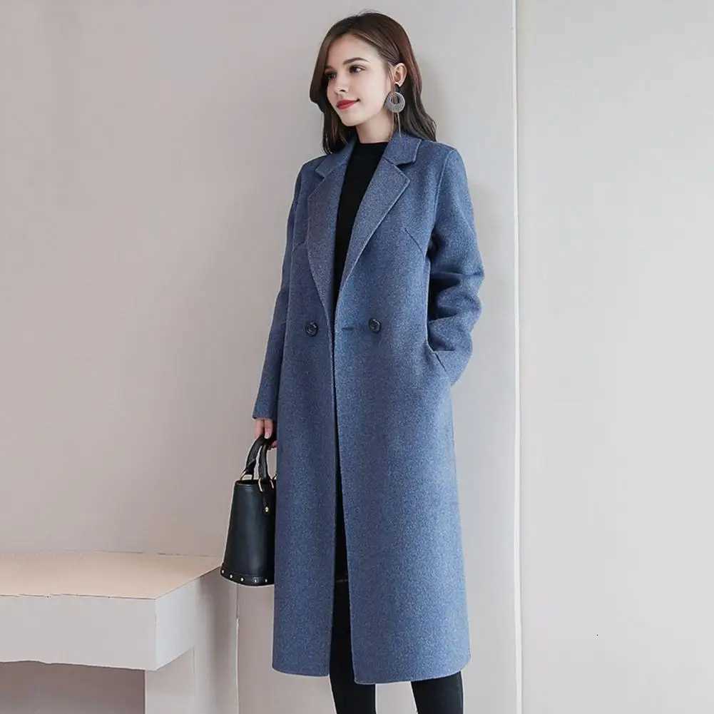 Winter Mid-length Women Overcoat Solid Color Double-breasted Turn-down Collar Coat Thermal Long Sleeve Wool Jacket With PocketsT251224