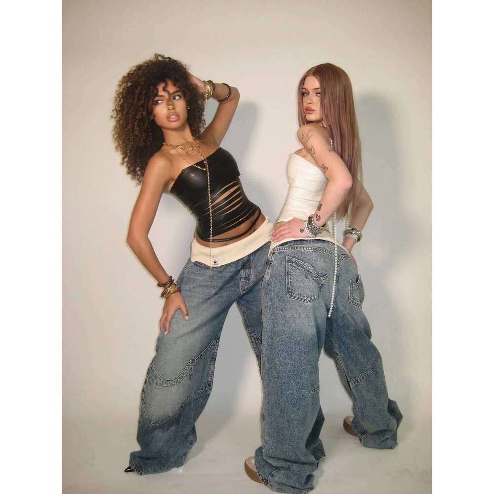 Y2K Hip-hop Stitching Fashion Retro Jeans Female Korean Casual Simple Dress Essential Wide-leg Pants Loose Joker Overalls X251224