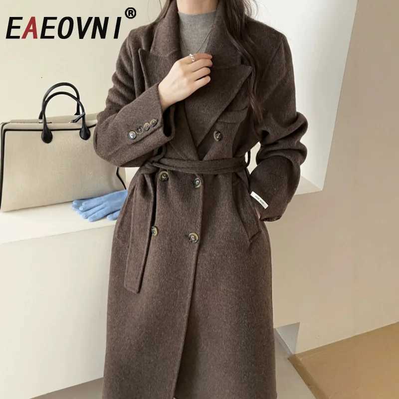 EAEOVNI Winter Wool Warm Long Coat Women Fashion Solid Color Double Button Belt Office Lady Jacket 2025 New ClothingT251224