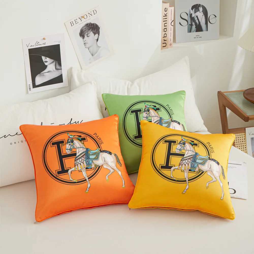 luxury Modern Style Satin Cushion Cover Horse Embroidered Letter H case 45x45cm Bedside Office Sofa Waist Home Decor Cushion Case M251224